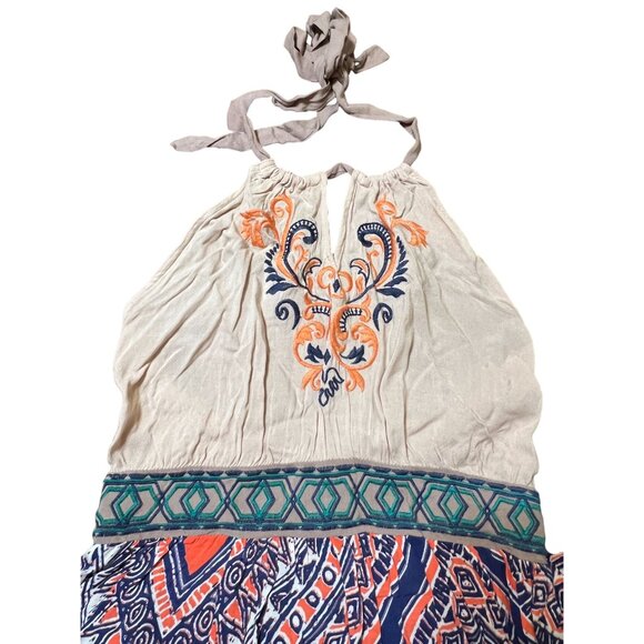Flying Tomato Boho Maxi Dress Sleeveless Halter Embroidered Geometric Sz Small - Picture 3 of 5